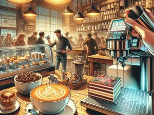 Café design studios merging neo-futuristic aesthetics with printed coffee art for immersive spaces