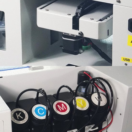 A4 smart UV flatbed printer printing on phone cases, acrylic, and metal surfaces