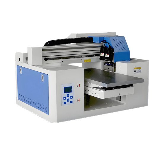 Industrial dual-head UV printer printing on cylindrical bottles and flat substrates